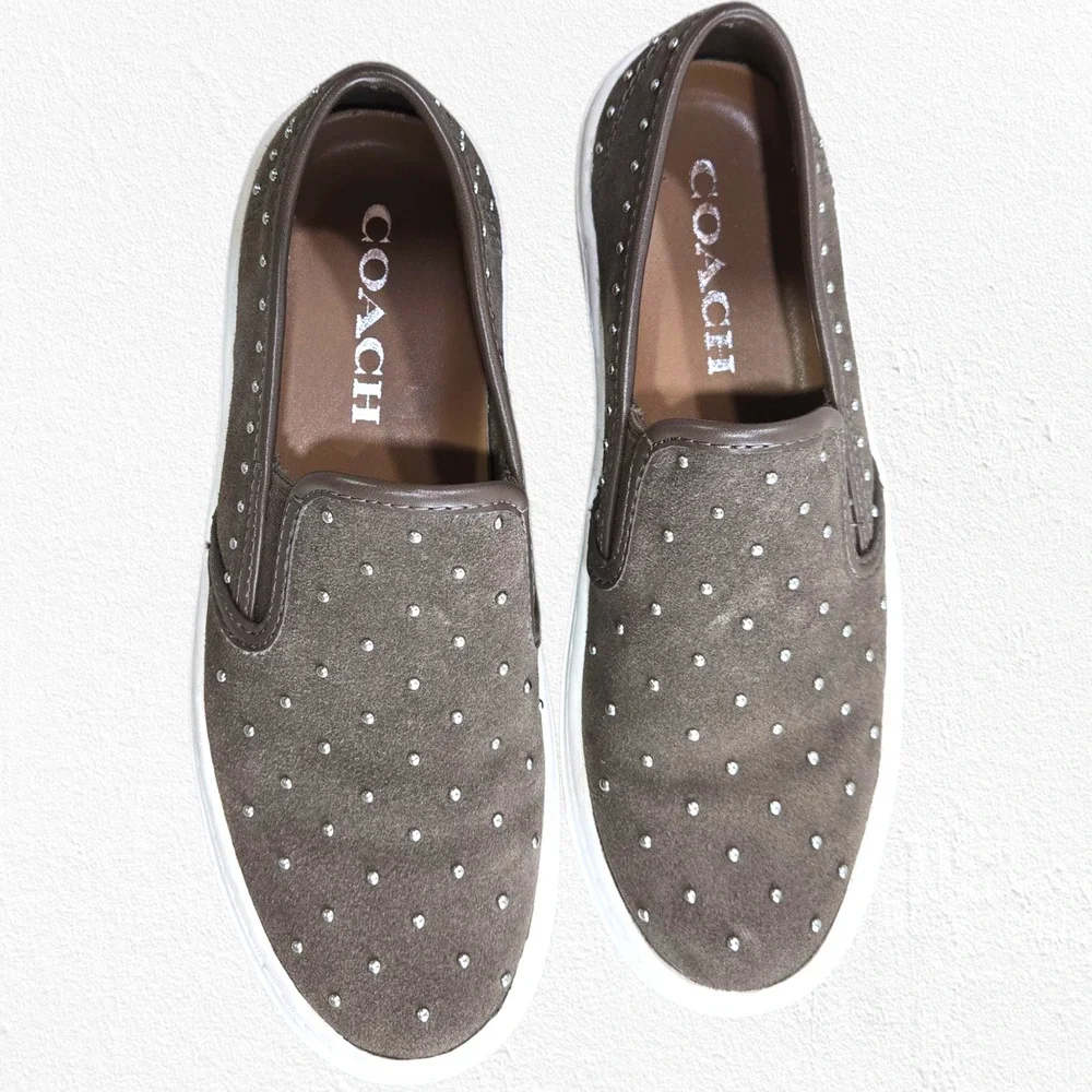 Coach Cameron Studded Suede Slip-On Platform Sneakers Fatigue Brown 5M EU 35 - Picture 8 of 16
